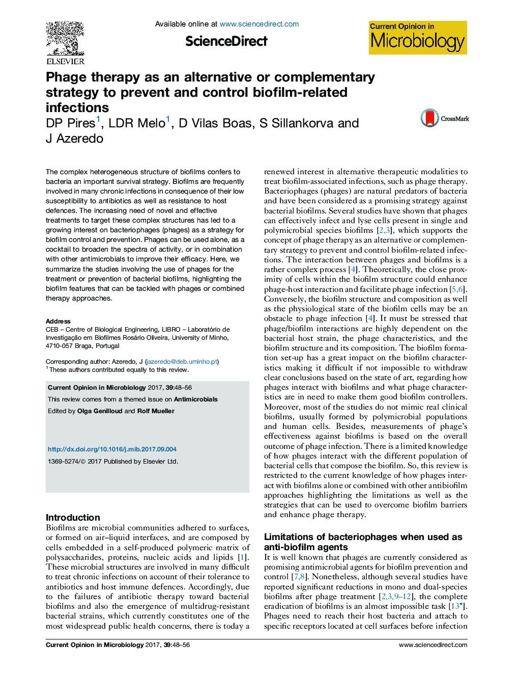 Phage therapy as an alternative or complementary strategy to prevent and control biofilm-related infections