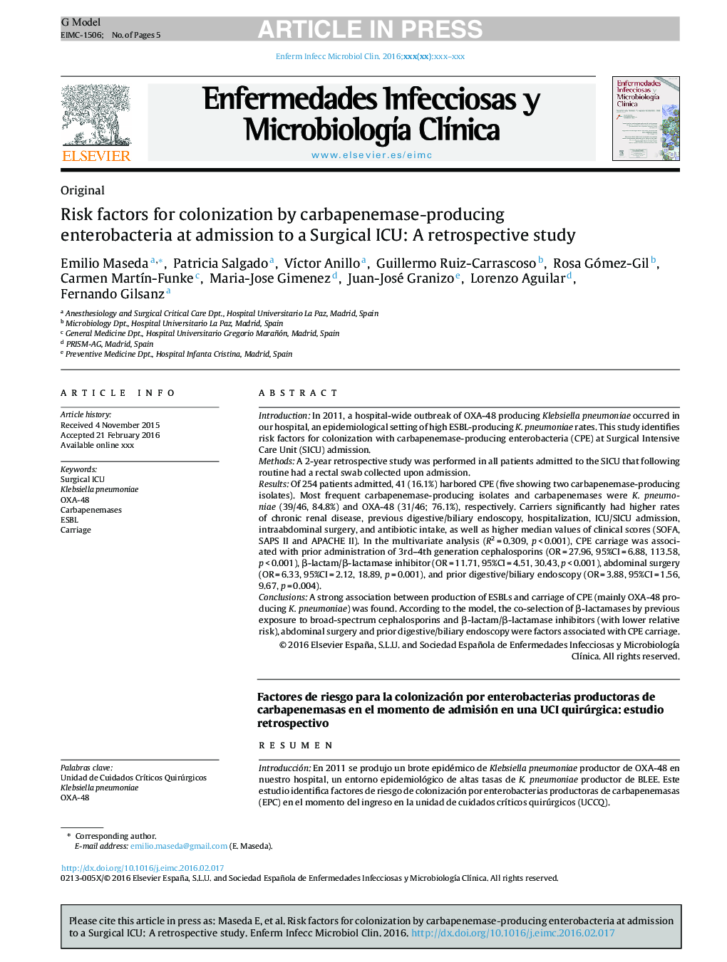 Risk factors for colonization by carbapenemase-producing enterobacteria at admission to a Surgical ICU: A retrospective study