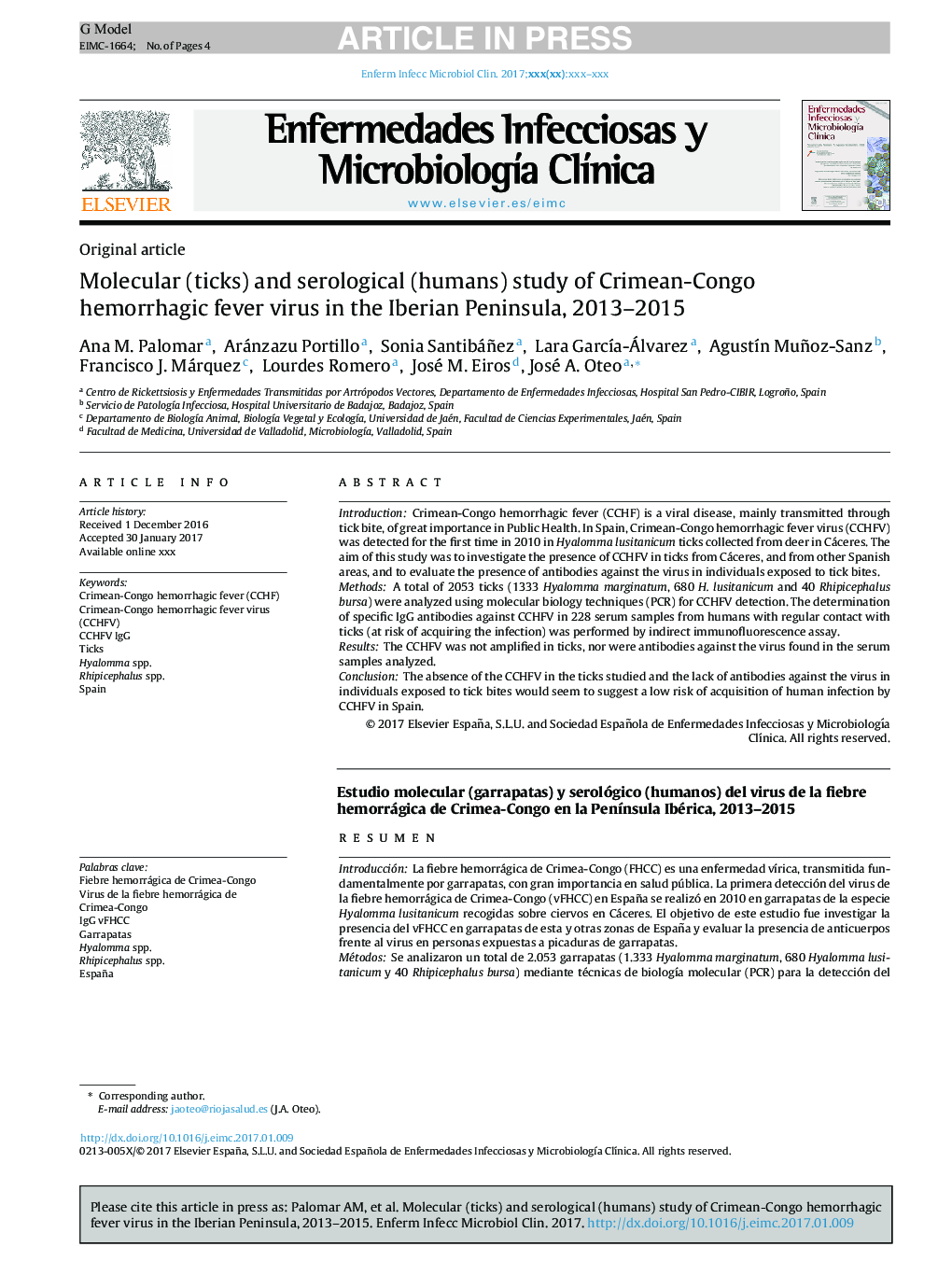 مطالعه مولکولی (کنه) و سرولوژیک (انسان) از ویروس تب خونریزی کریمه-کنگو در شبه جزیره ایبرین، 2013-2015 