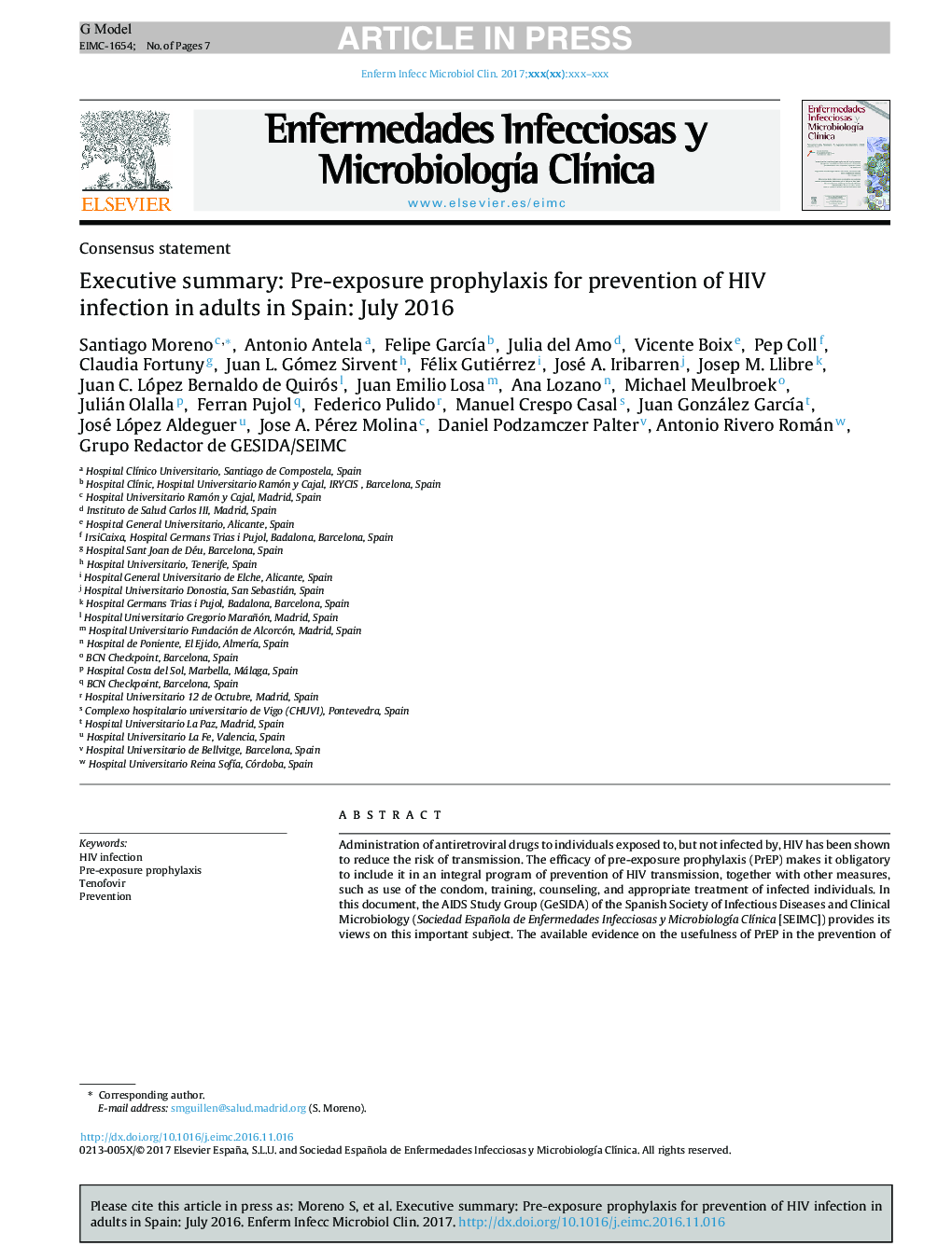 Executive summary: Pre-exposure prophylaxis for prevention of HIV infection in adults in Spain: July 2016