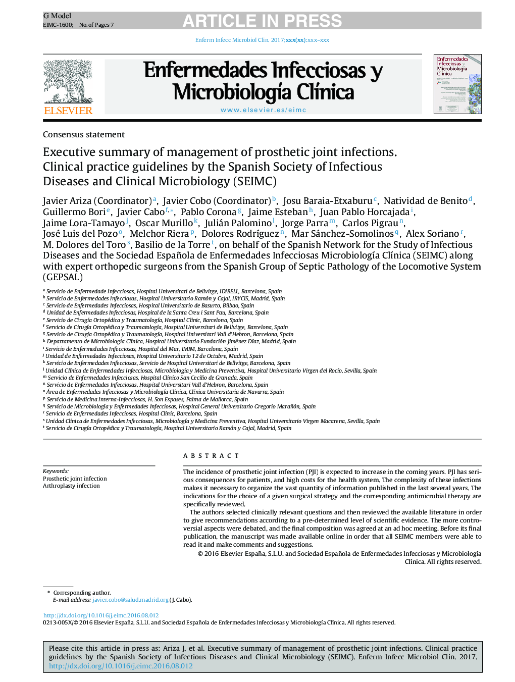 عکس صفحه اول مقاله: Executive summary of management of prosthetic joint infections. Clinical practice guidelines by the Spanish Society of Infectious Diseases and Clinical Microbiology (SEIMC) Executive summary of management of prosthetic joint infections. Clinical practice guidelines by the Spanish Society of Infectious Diseases and Clinical Microbiology (SEIMC)