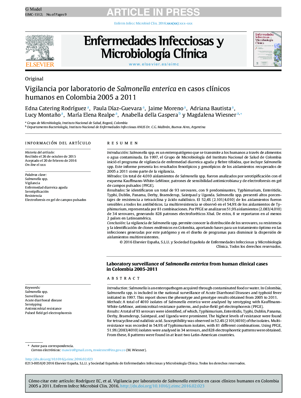 Vigilancia por laboratorio de Salmonella enterica en casos clÃ­nicos humanos en Colombia 2005 a 2011