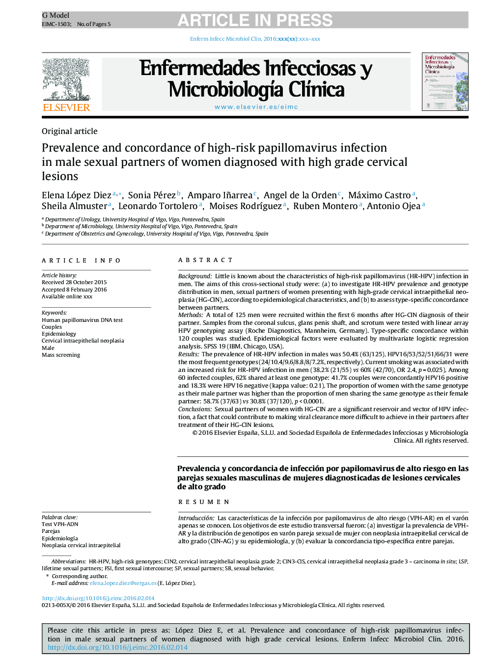 Prevalence and concordance of high-risk papillomavirus infection in male sexual partners of women diagnosed with high grade cervical lesions