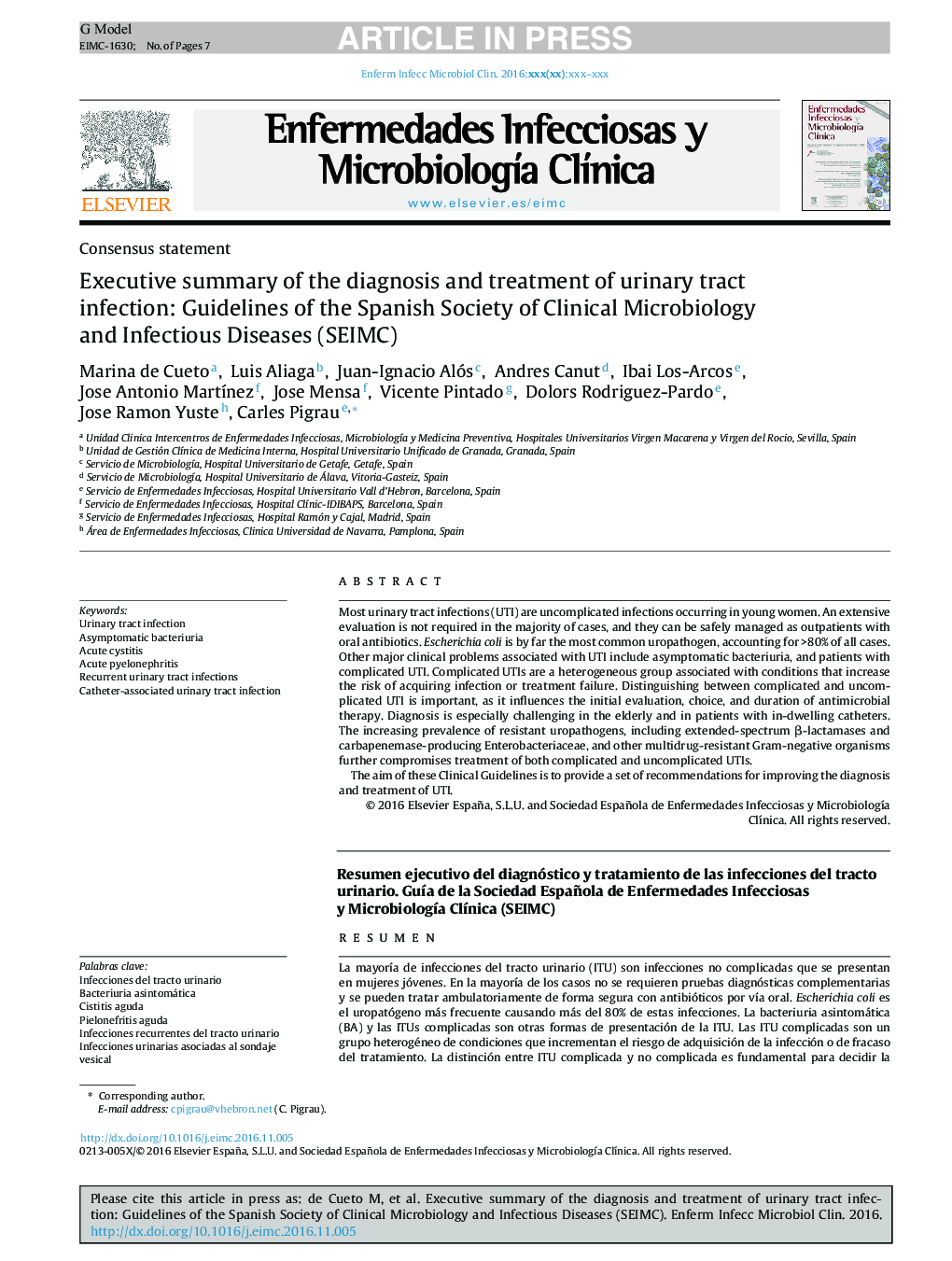 Executive summary of the diagnosis and treatment of urinary tract infection: Guidelines of the Spanish Society of Clinical Microbiology and Infectious Diseases (SEIMC)