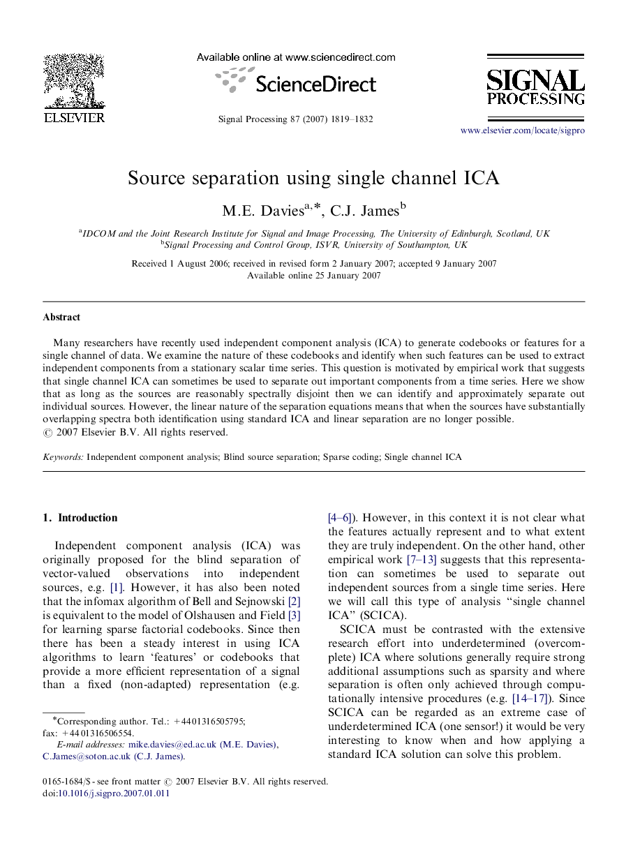 Source separation using single channel ICA