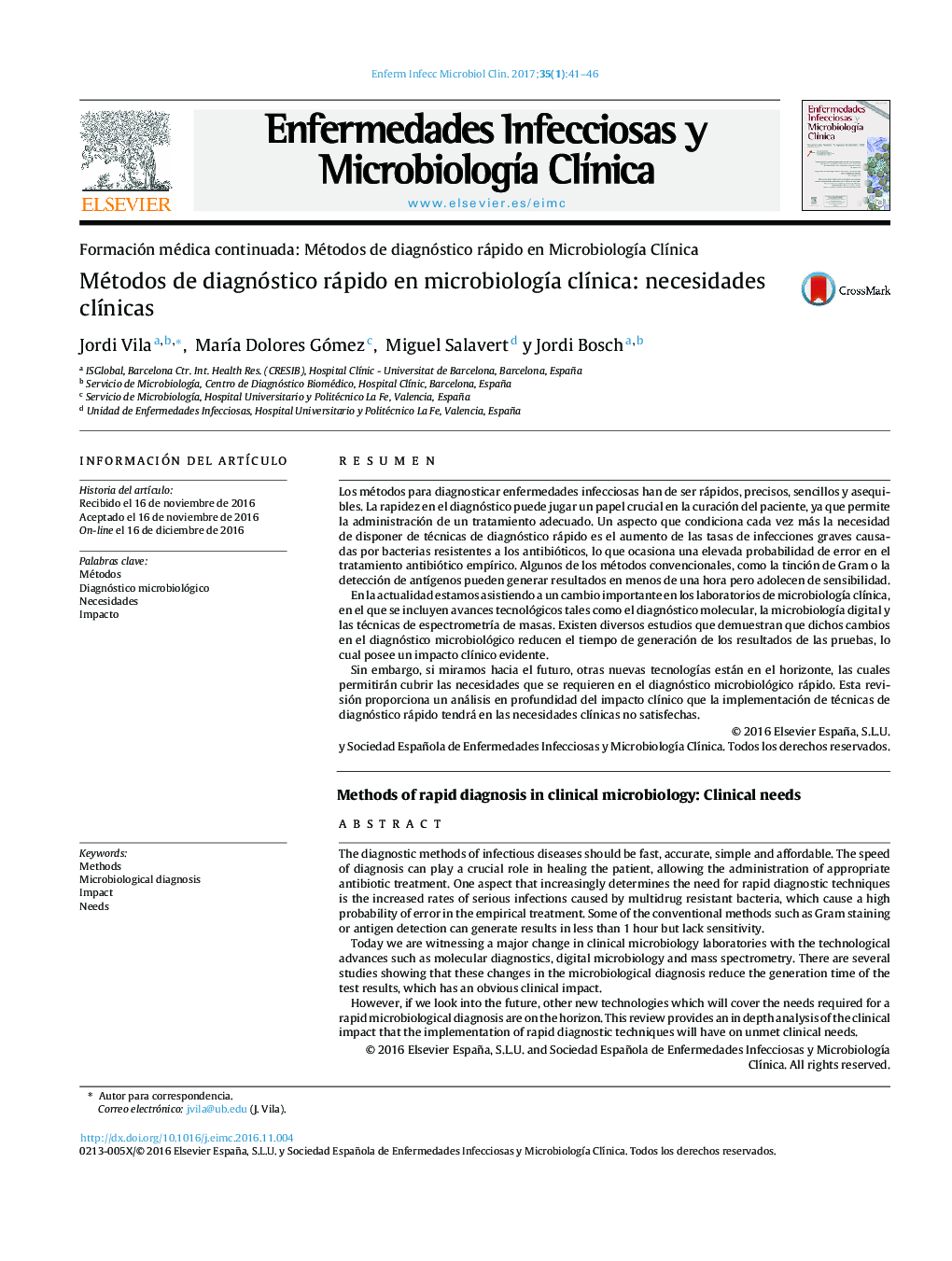 Métodos de diagnóstico rápido en microbiologÃ­a clÃ­nica: necesidades clÃ­nicas