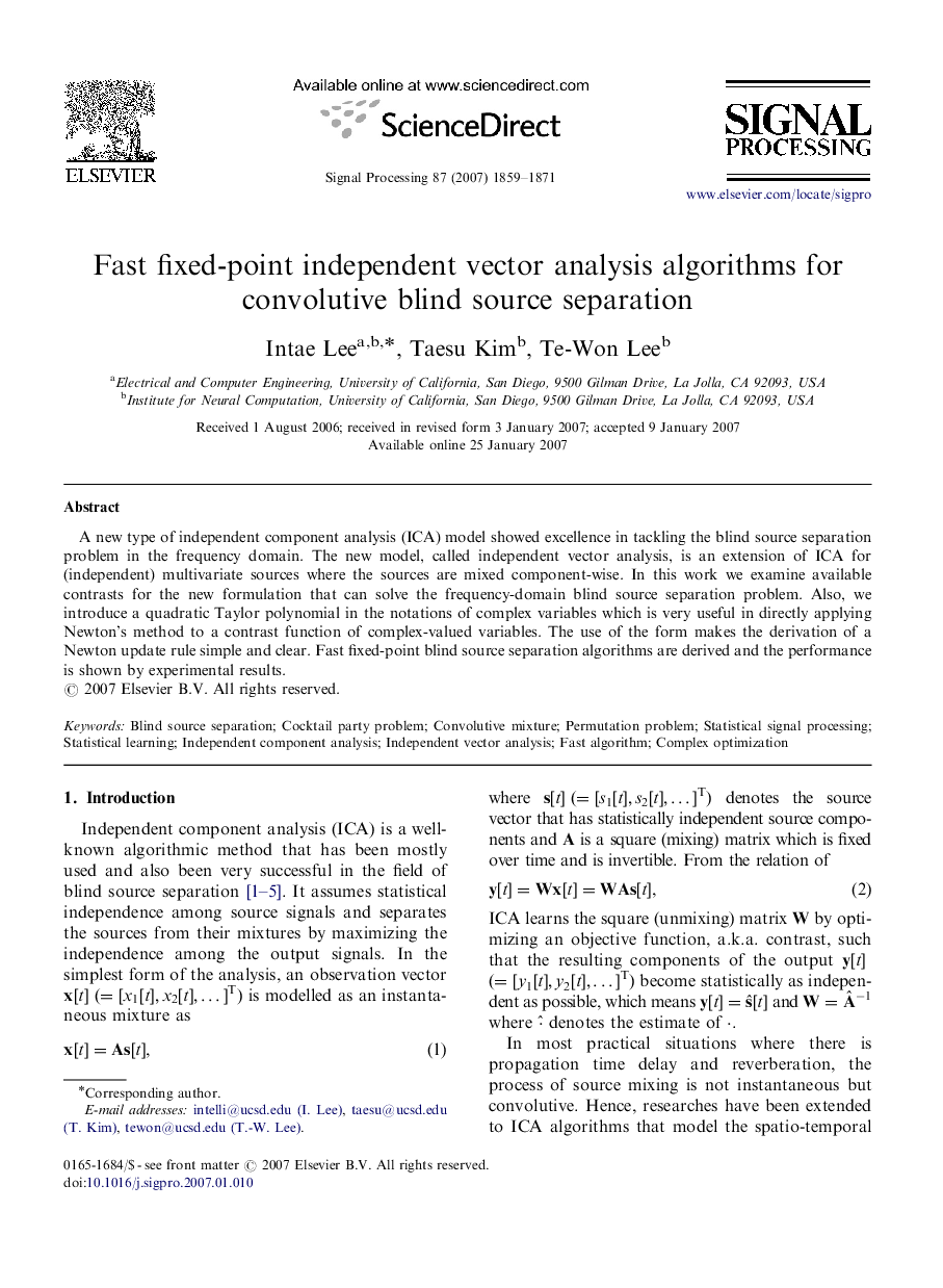 Fast fixed-point independent vector analysis algorithms for convolutive blind source separation