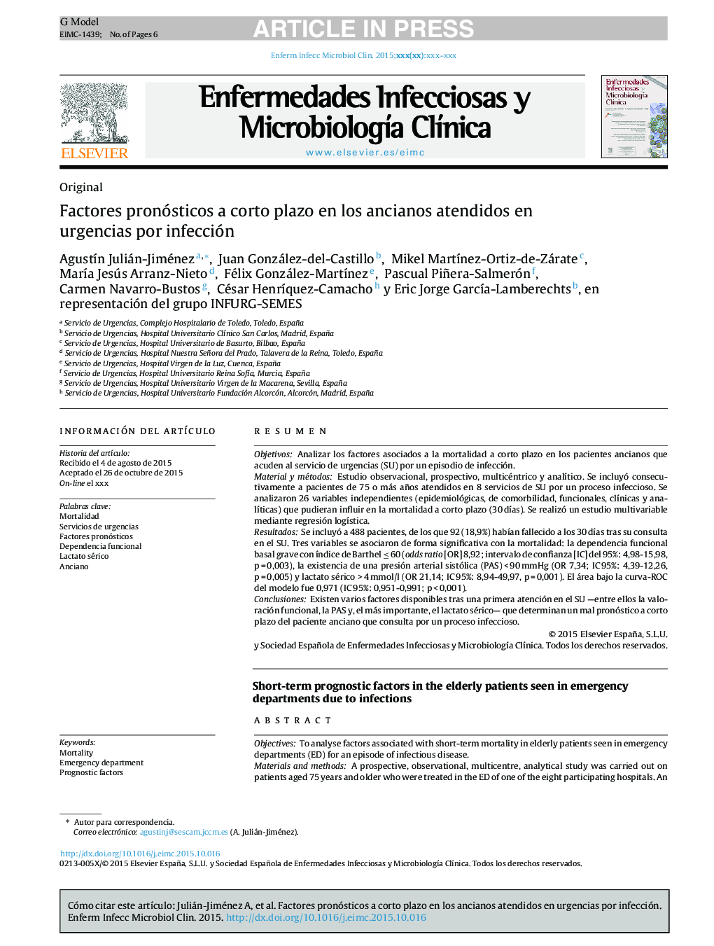 Factores pronósticos a corto plazo en los ancianos atendidos en urgencias por infección