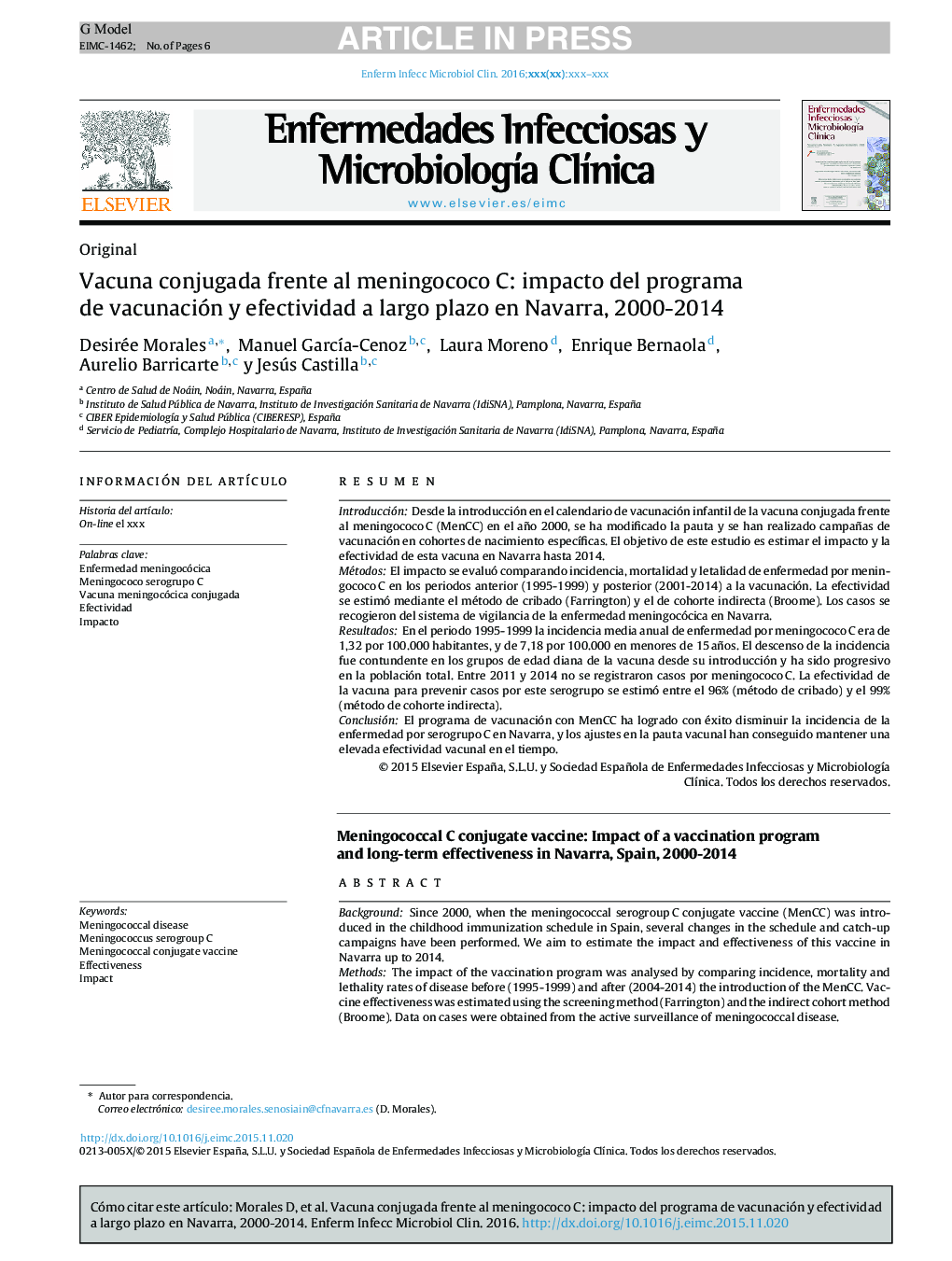 Vacuna conjugada frente al meningococo C: impacto del programa de vacunación y efectividad a largo plazo en Navarra, 2000-2014