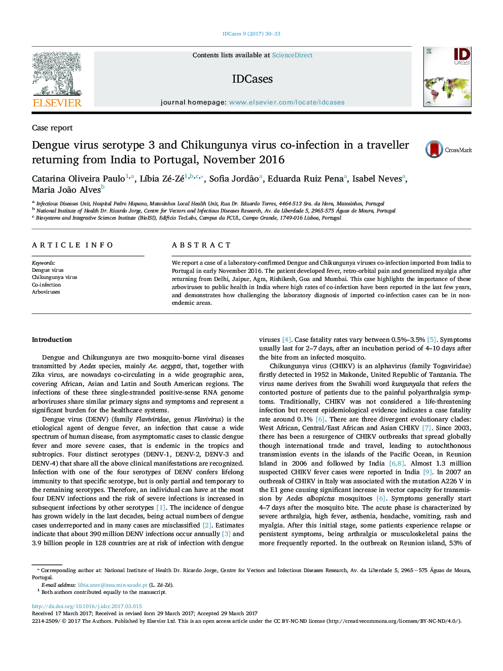 Case reportDengue virus serotype 3 and Chikungunya virus co-infection in a traveller returning from India to Portugal, November 2016