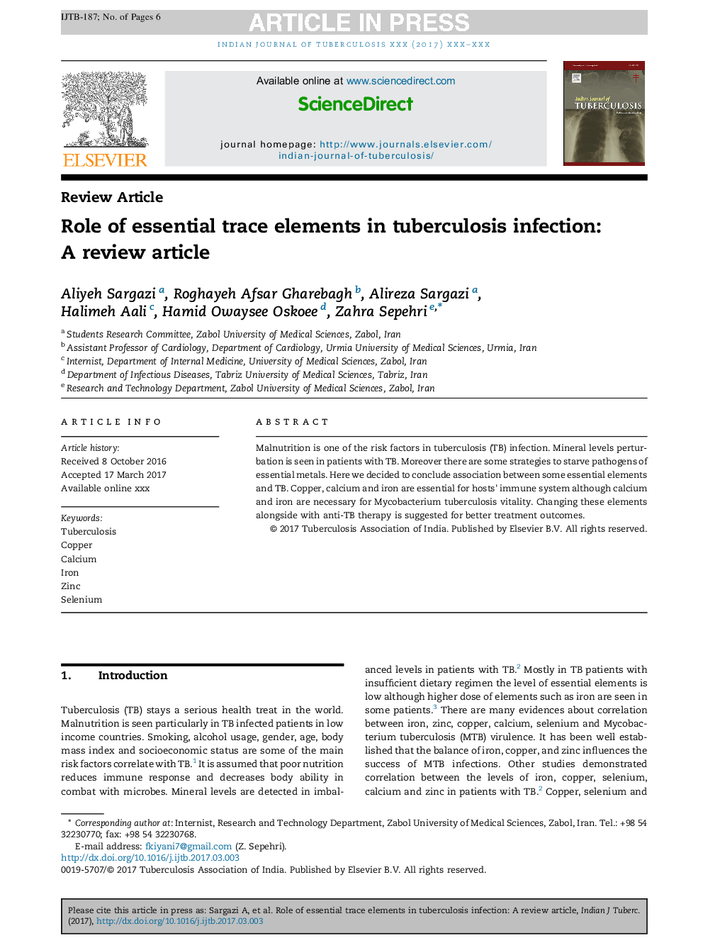 Role of essential trace elements in tuberculosis infection: A review article