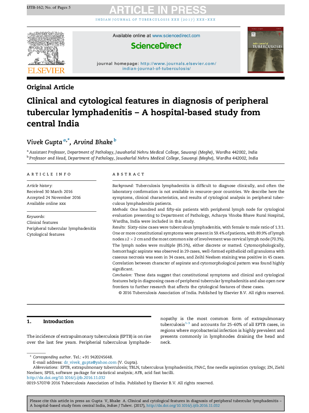 Clinical and cytological features in diagnosis of peripheral tubercular lymphadenitis - A hospital-based study from central India