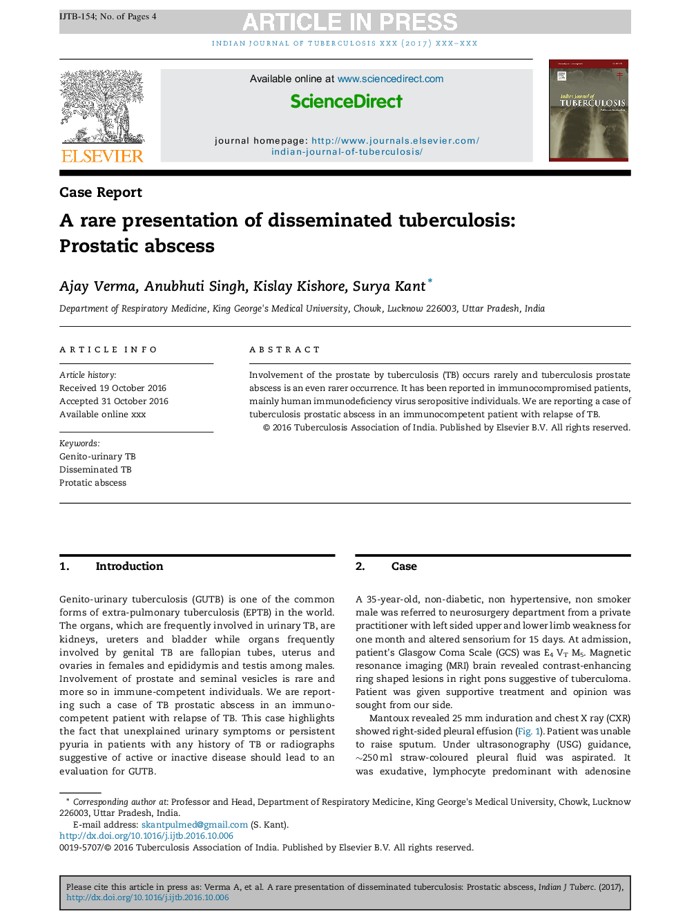 A rare presentation of disseminated tuberculosis: Prostatic abscess