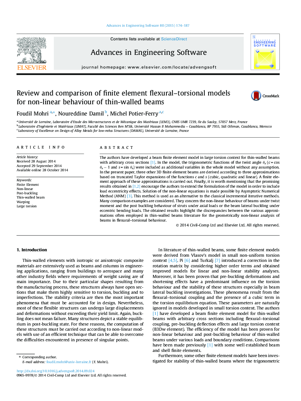 Review and comparison of finite element flexural–torsional models for non-linear behaviour of thin-walled beams