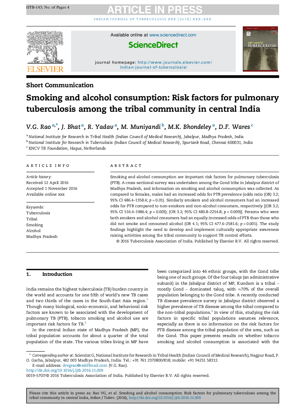 Smoking and alcohol consumption: Risk factors for pulmonary tuberculosis among the tribal community in central India