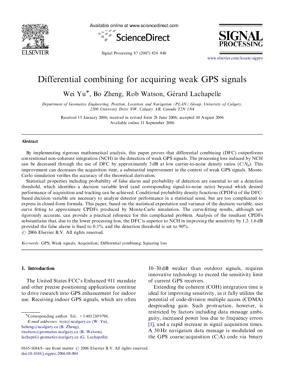 Differential combining for acquiring weak GPS signals