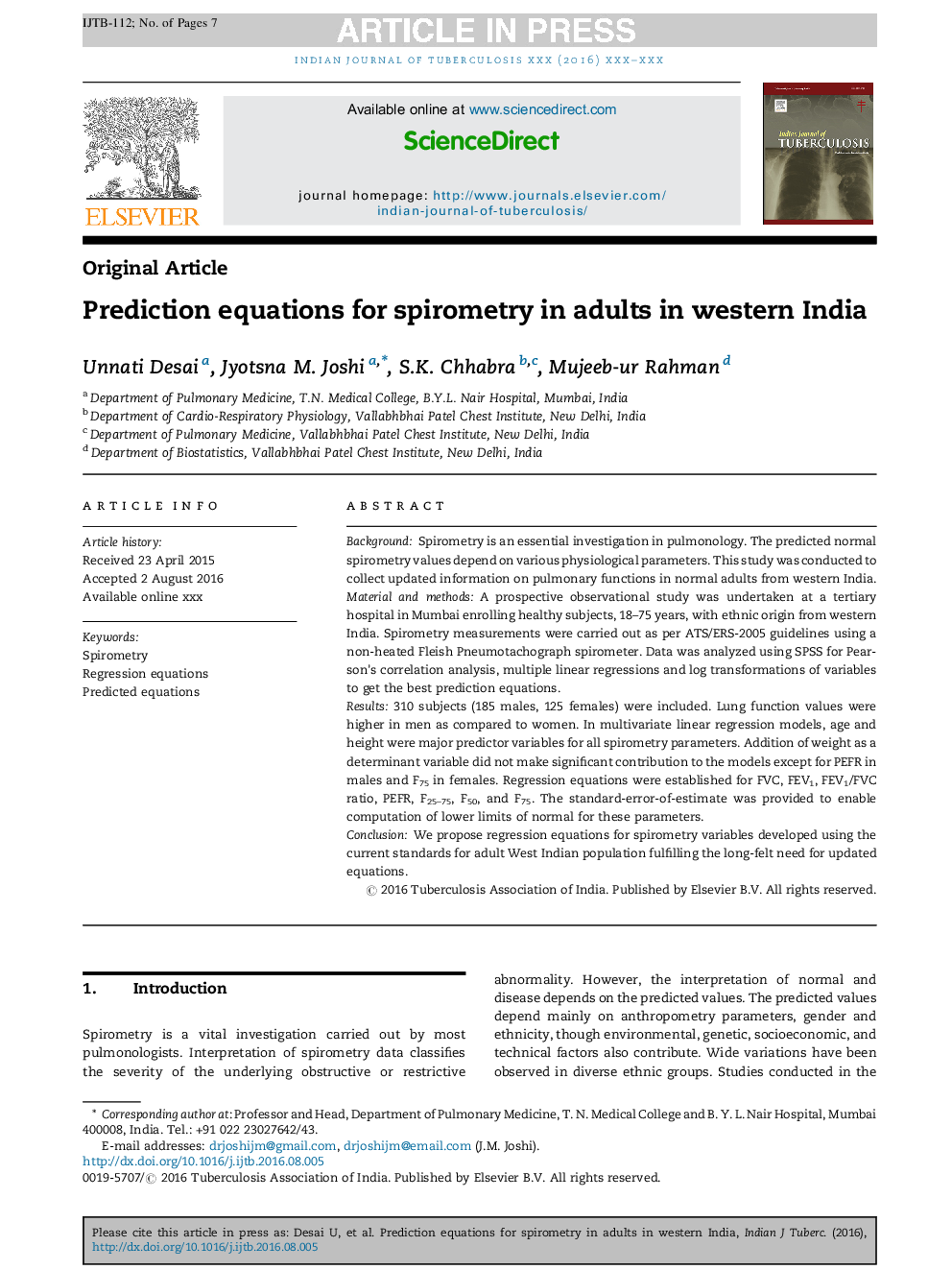 Prediction equations for spirometry in adults in western India