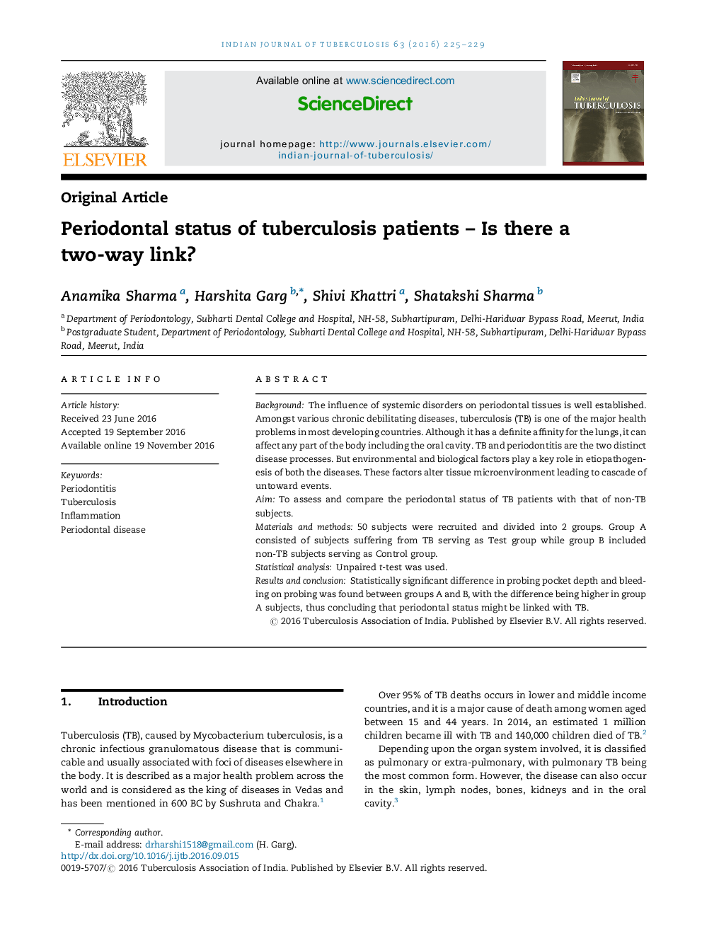 Periodontal status of tuberculosis patients - Is there a two-way link?