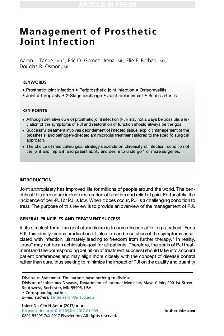 Management of Prosthetic Joint Infection