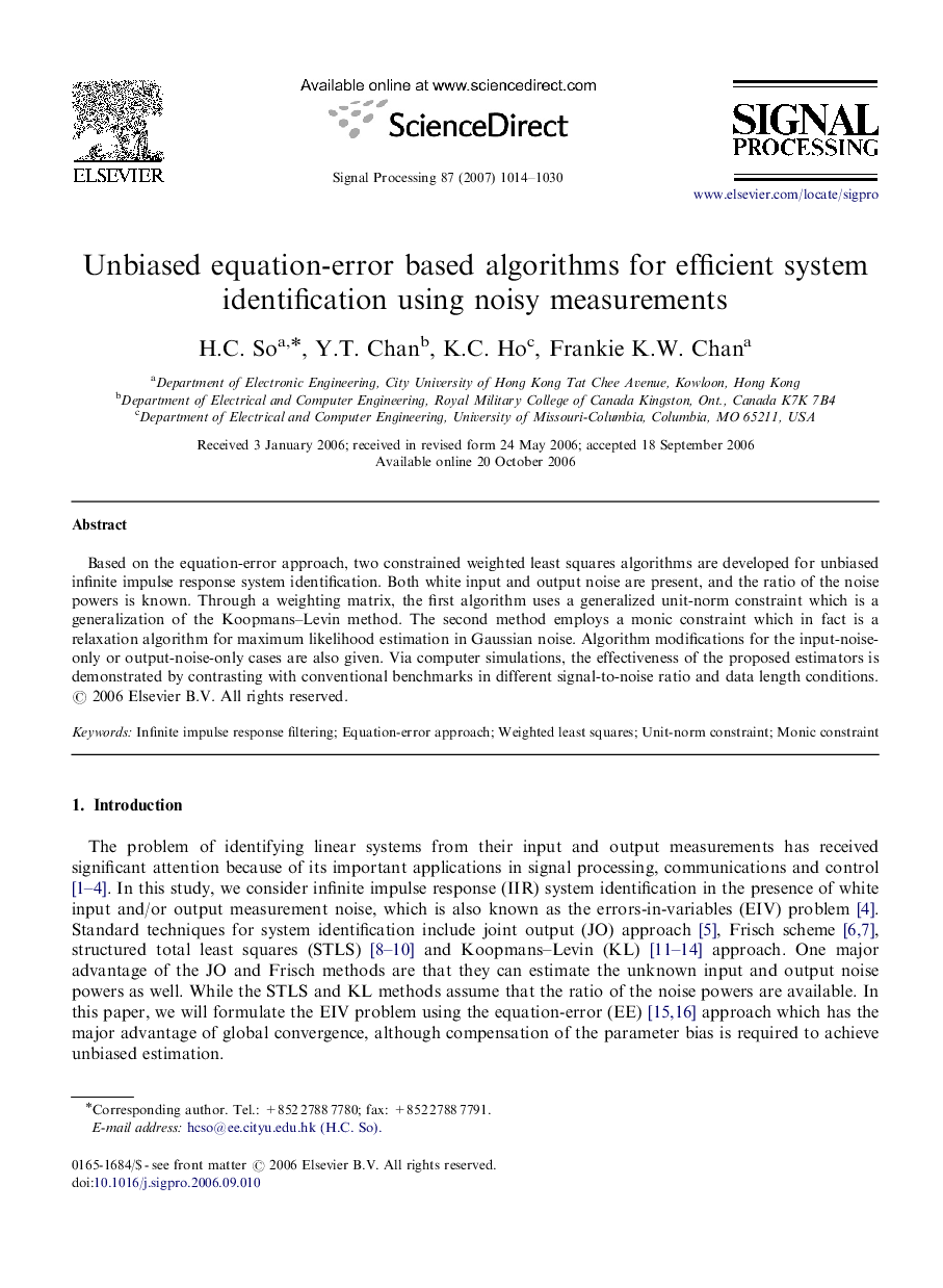 Unbiased equation-error based algorithms for efficient system identification using noisy measurements