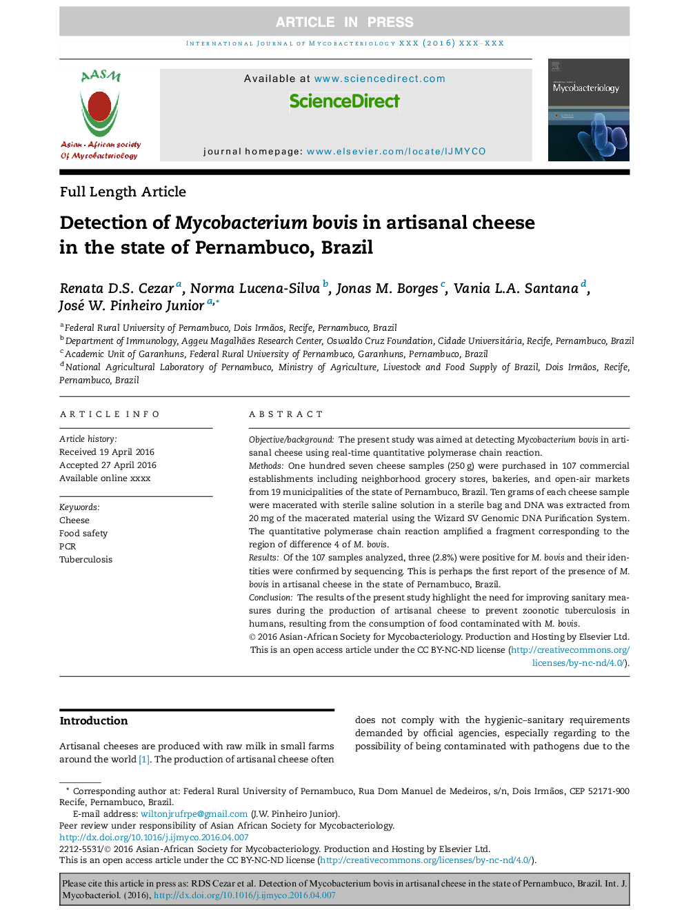 Detection of Mycobacterium bovis in artisanal cheese in the state of Pernambuco, Brazil