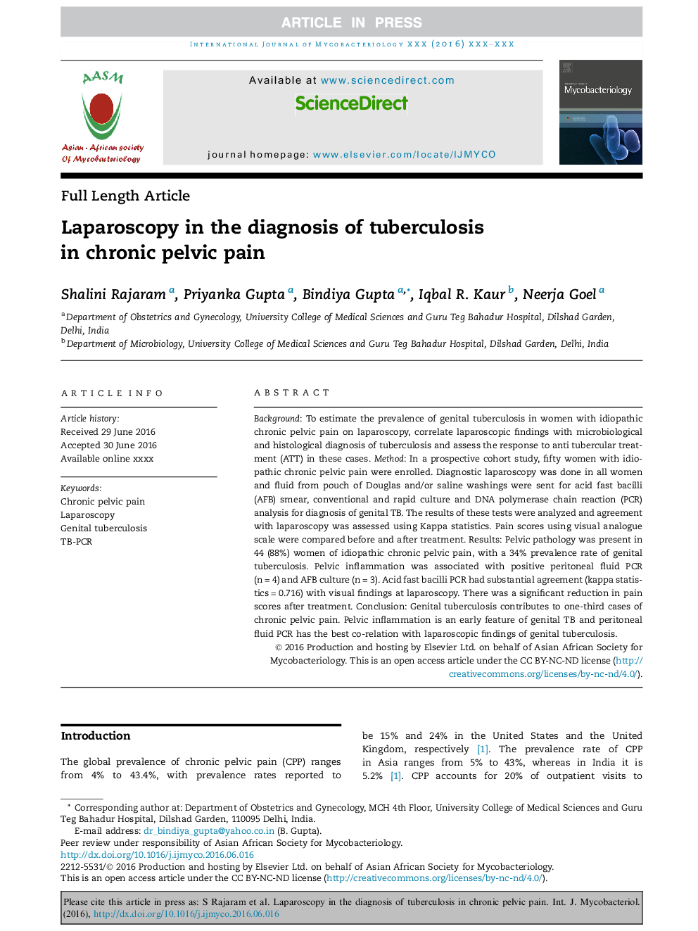 Laparoscopy in the diagnosis of tuberculosis in chronic pelvic pain