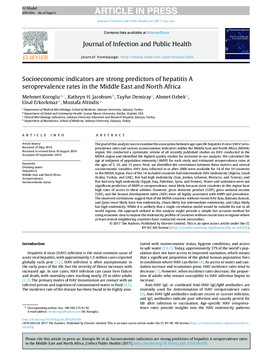 Socioeconomic indicators are strong predictors of hepatitis A seroprevalence rates in the Middle East and North Africa