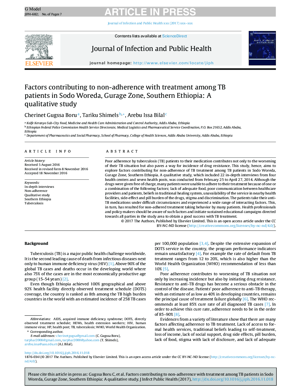 Factors contributing to non-adherence with treatment among TB patients in Sodo Woreda, Gurage Zone, Southern Ethiopia: A qualitative study