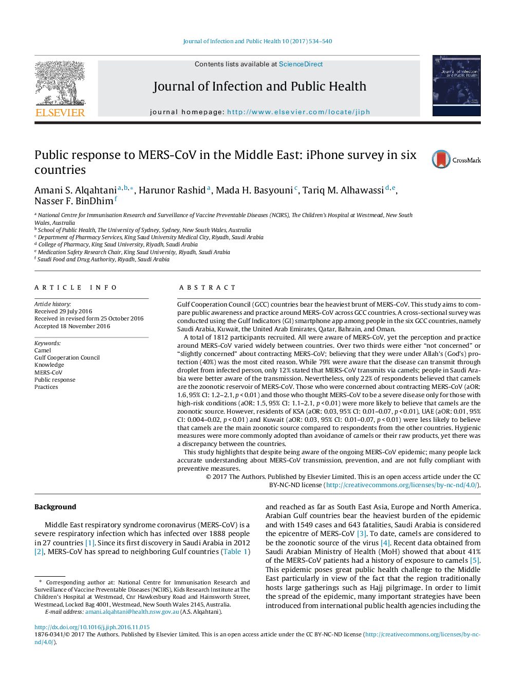 Public response to MERS-CoV in the Middle East: iPhone survey in six countries