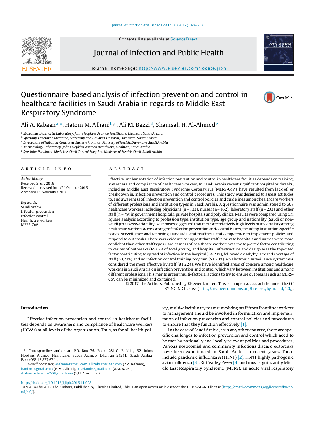 Questionnaire-based analysis of infection prevention and control in healthcare facilities in Saudi Arabia in regards to Middle East Respiratory Syndrome