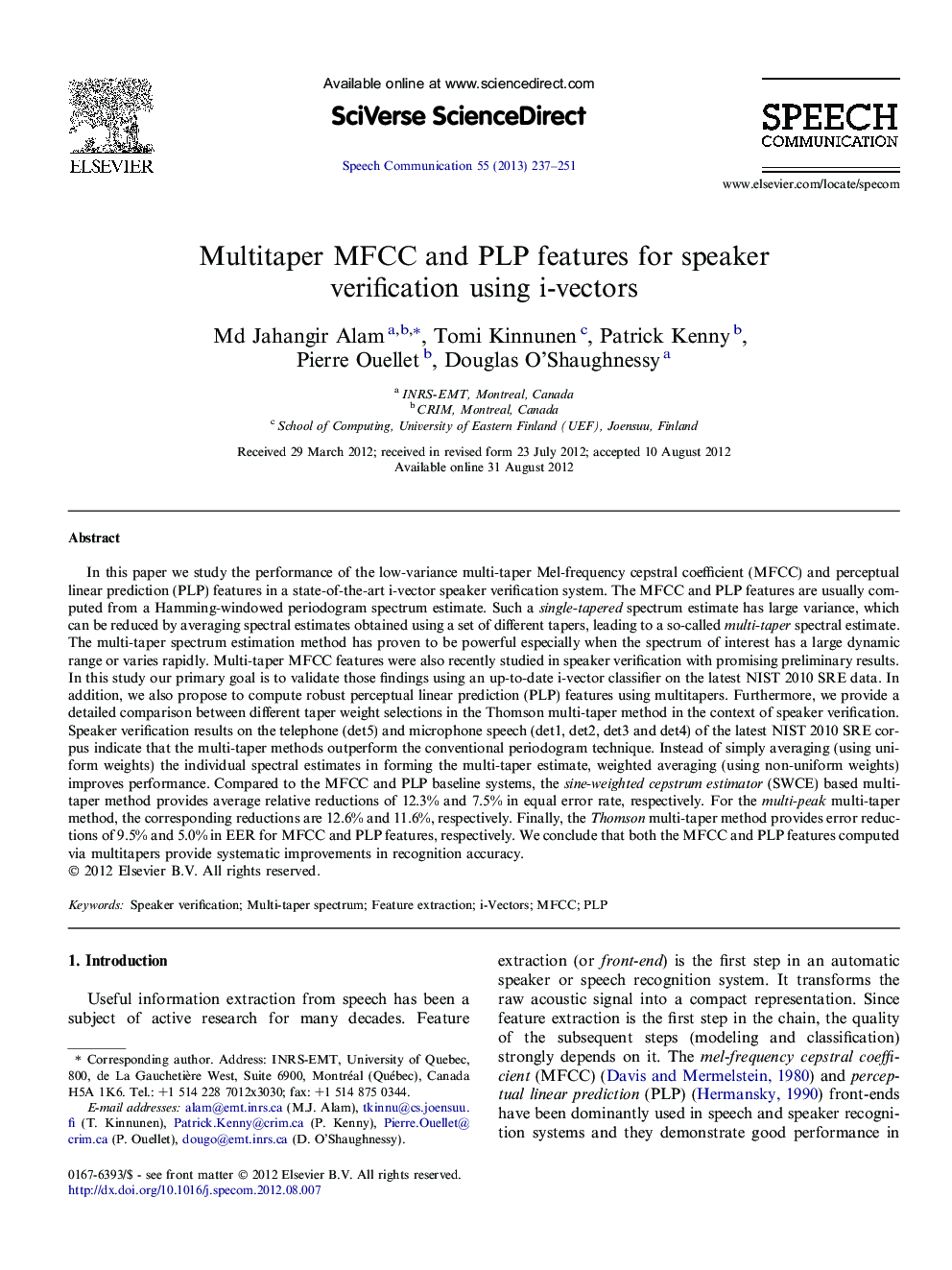 Multitaper MFCC and PLP features for speaker verification using i-vectors