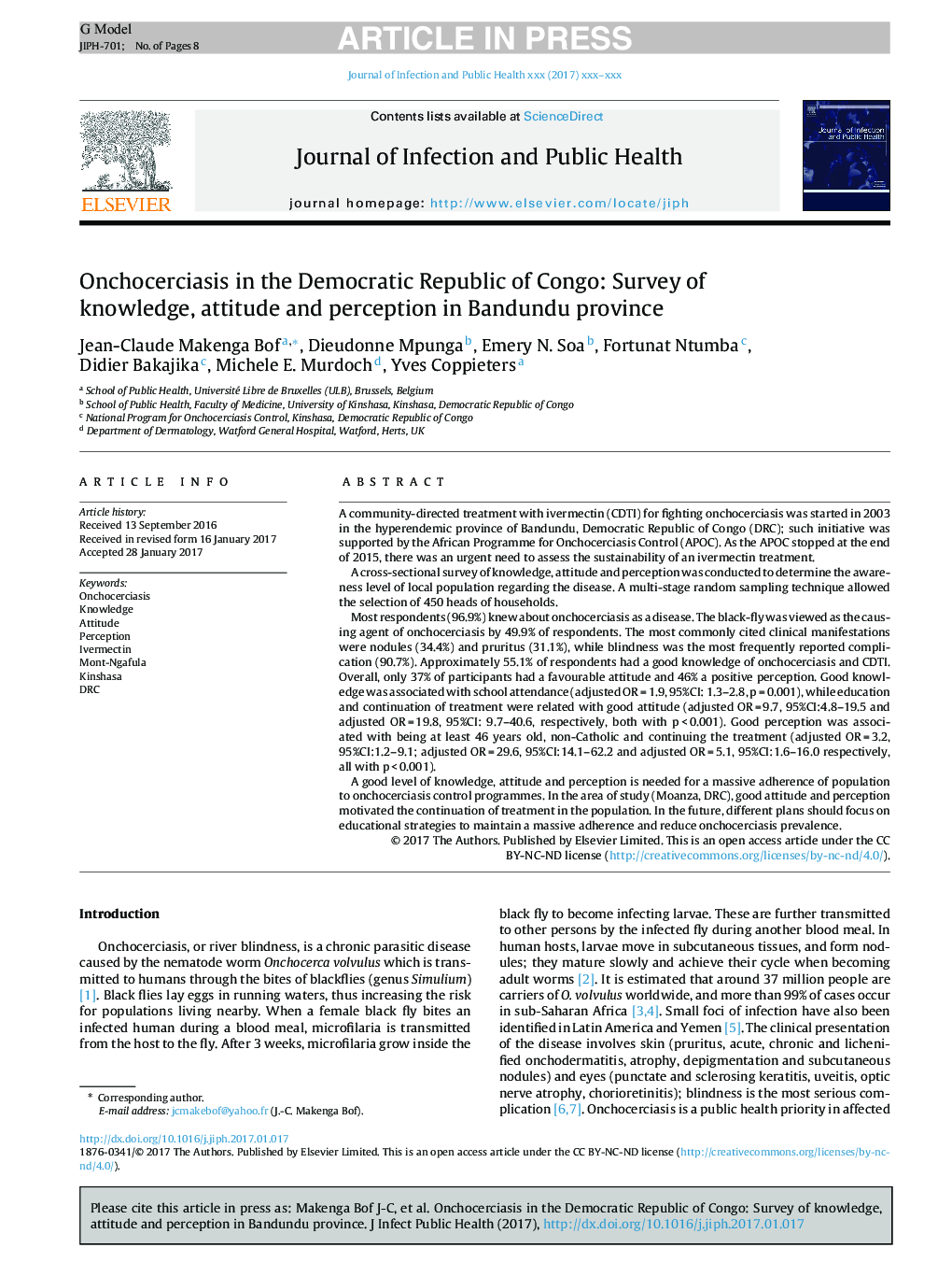 Onchocerciasis in the Democratic Republic of Congo: Survey of knowledge, attitude and perception in Bandundu province