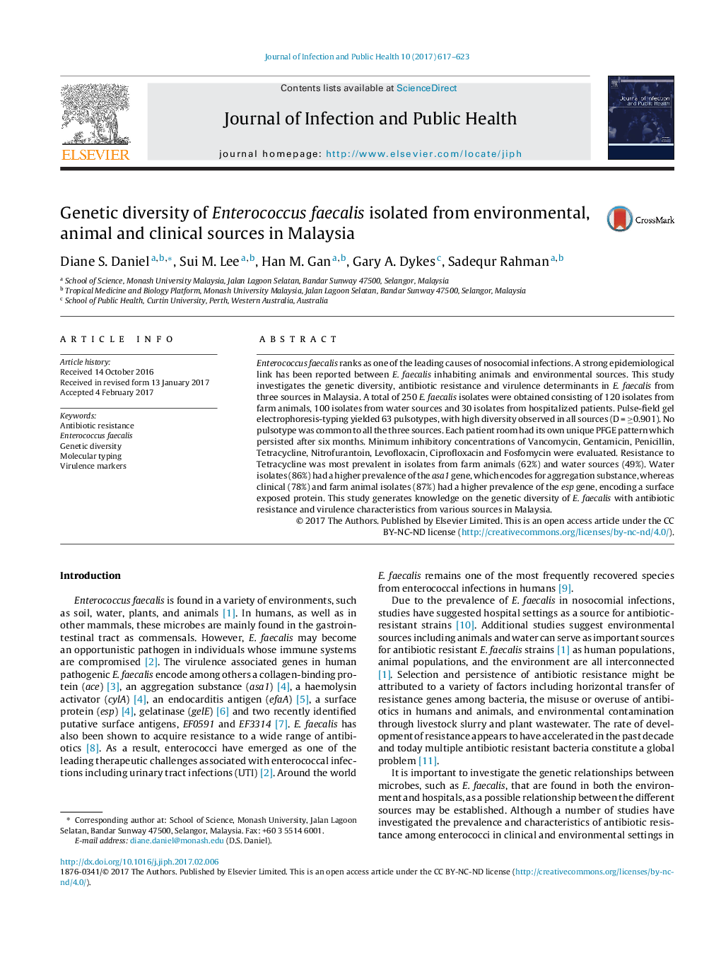 Genetic diversity of Enterococcus faecalis isolated from environmental, animal and clinical sources in Malaysia