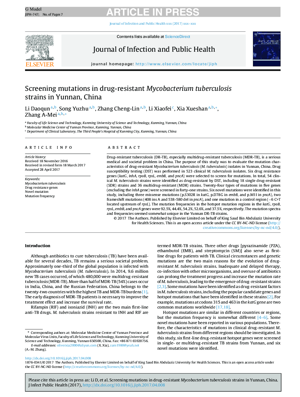 Screening mutations in drug-resistant Mycobacterium tuberculosis strains in Yunnan, China