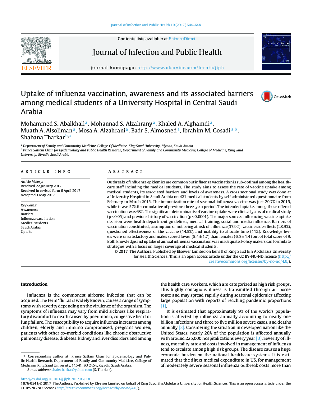 Uptake of influenza vaccination, awareness and its associated barriers among medical students of a University Hospital in Central Saudi Arabia