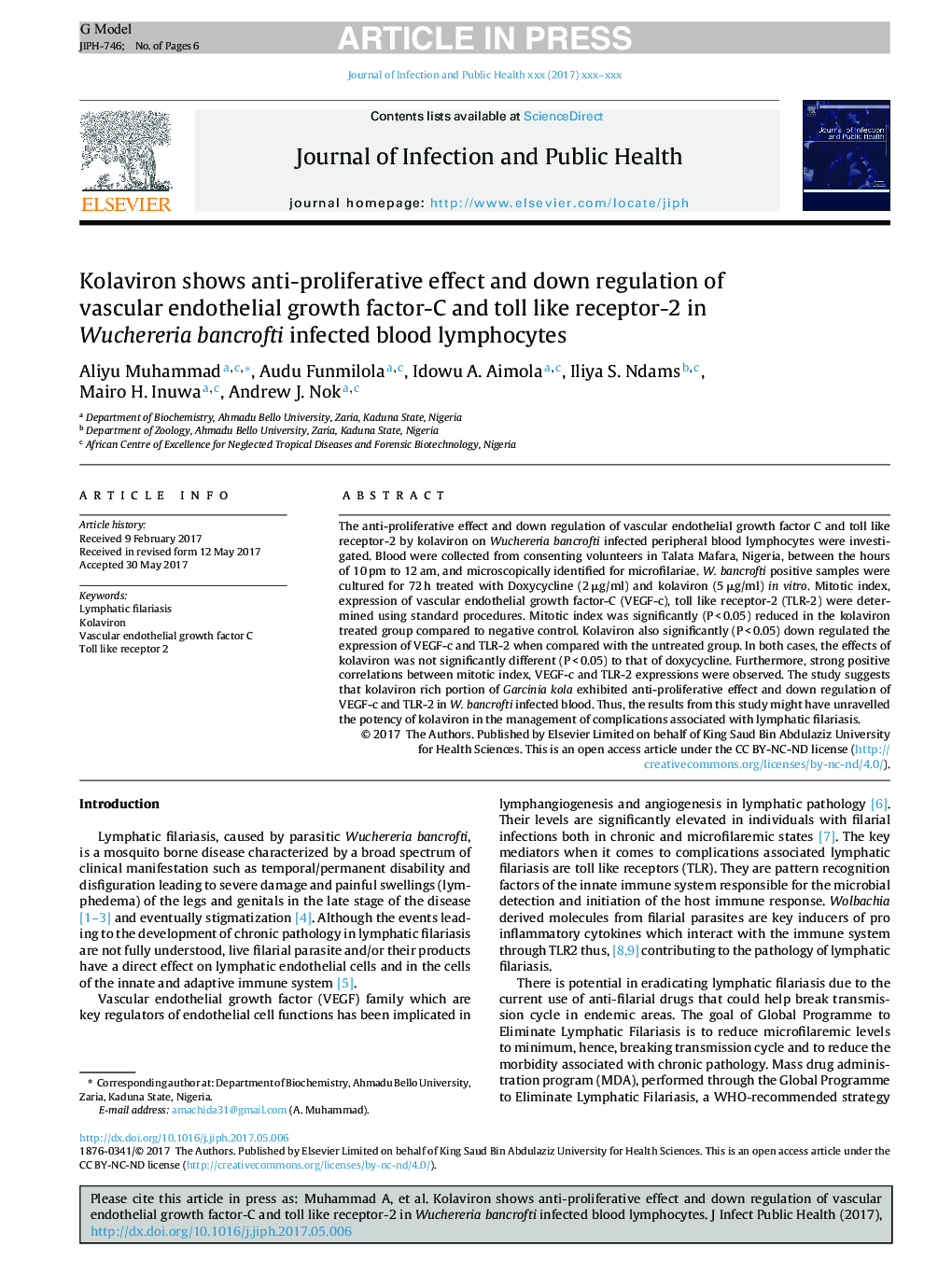 Kolaviron shows anti-proliferative effect and down regulation of vascular endothelial growth factor-C and toll like receptor-2 in Wuchereria bancrofti infected blood lymphocytes