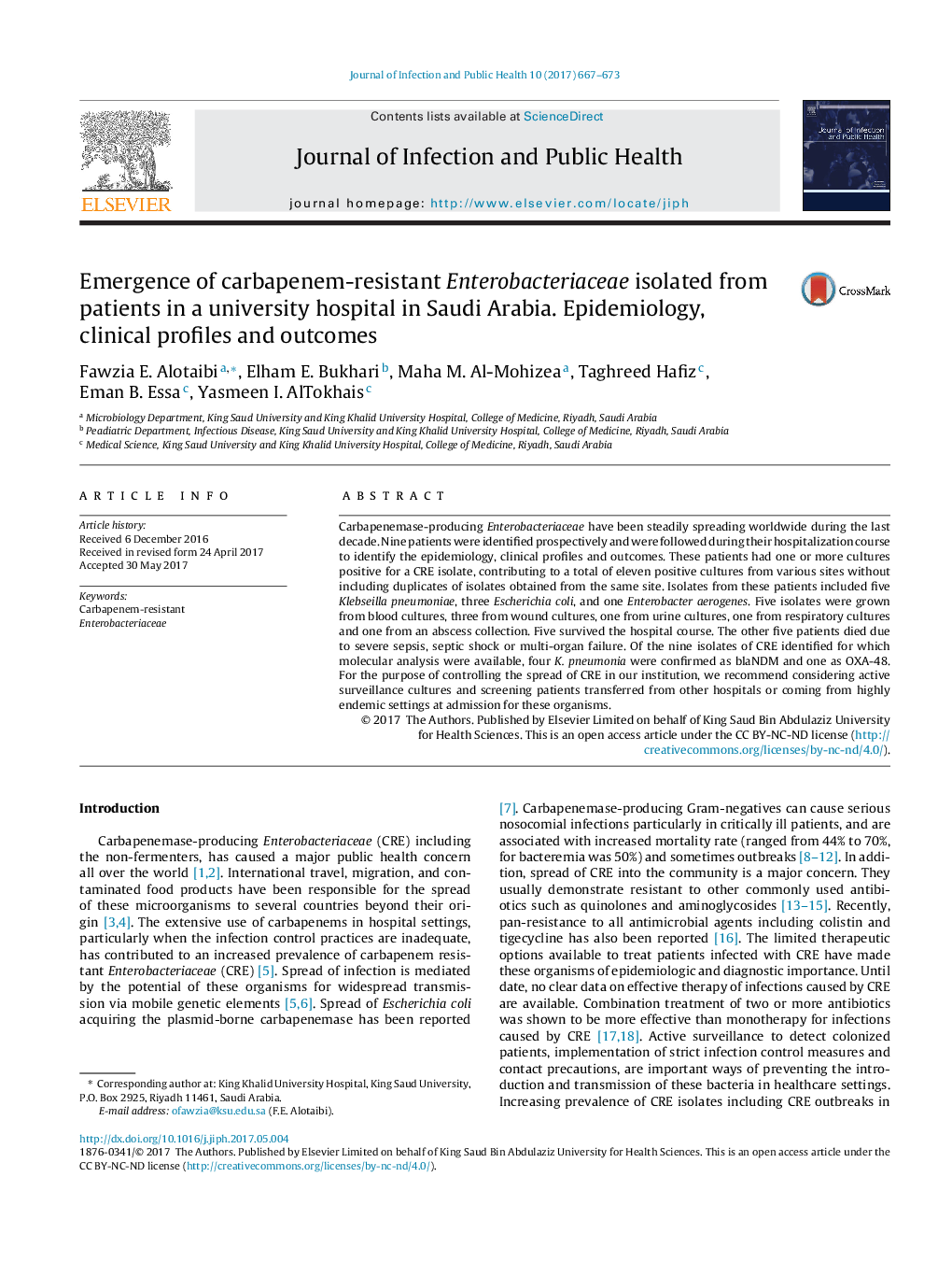 Emergence of carbapenem-resistant Enterobacteriaceae isolated from patients in a university hospital in Saudi Arabia. Epidemiology, clinical profiles and outcomes