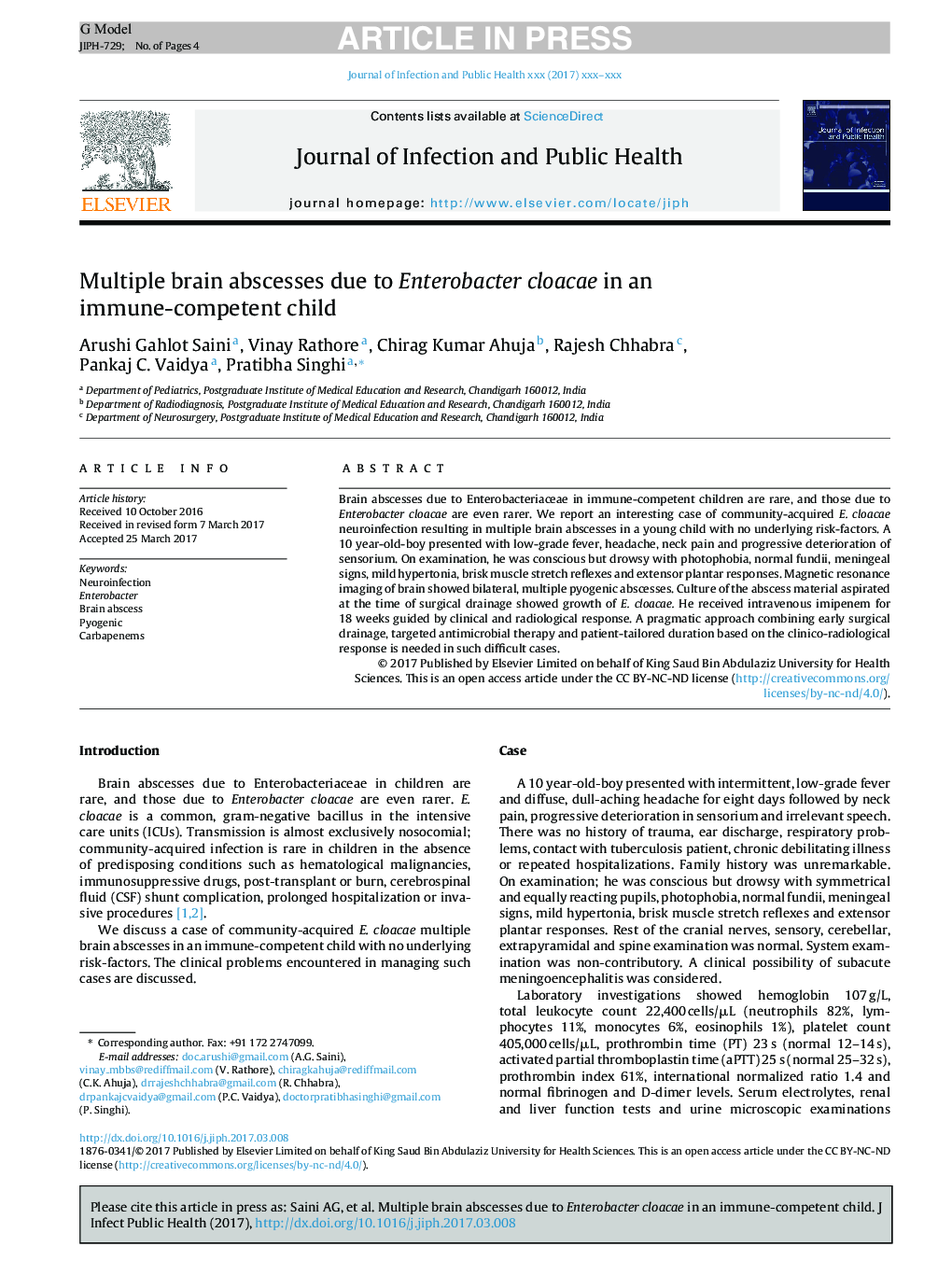 Multiple brain abscesses due to Enterobacter cloacae in an immune-competent child