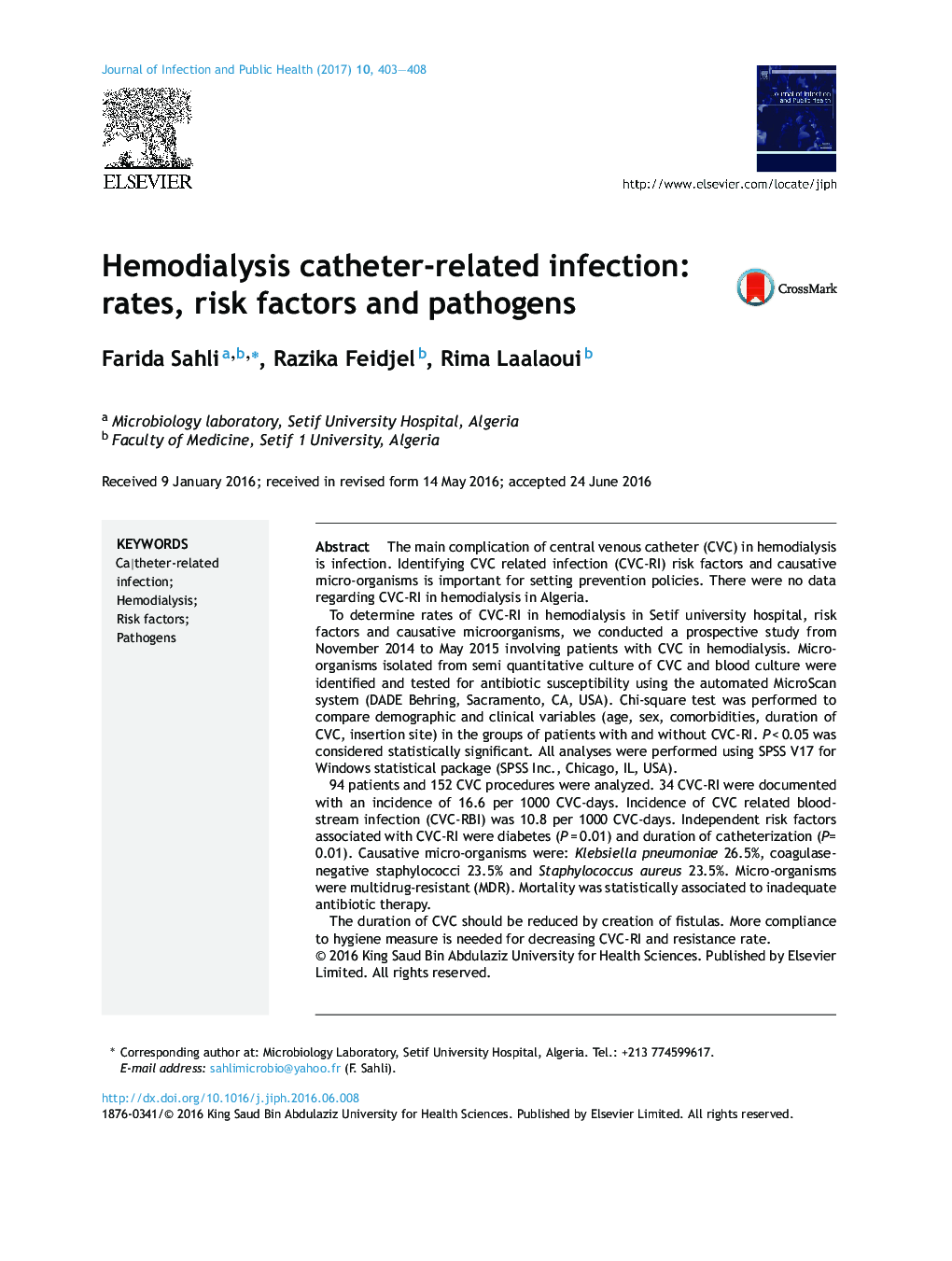 Hemodialysis catheter-related infection: rates, risk factors and pathogens