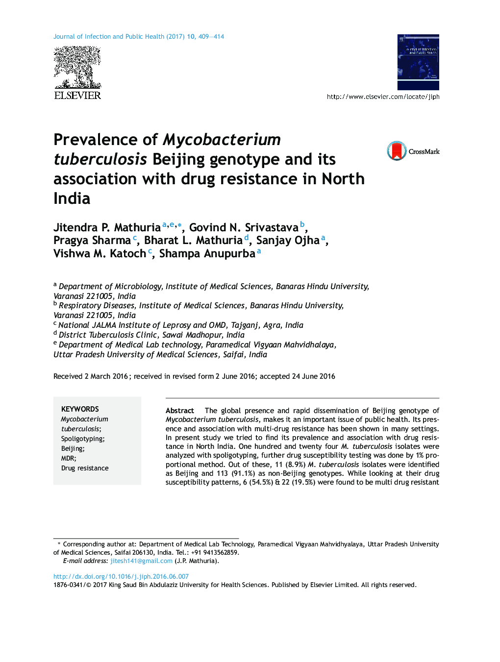 Prevalence of Mycobacterium tuberculosis Beijing genotype and its association with drug resistance in North India