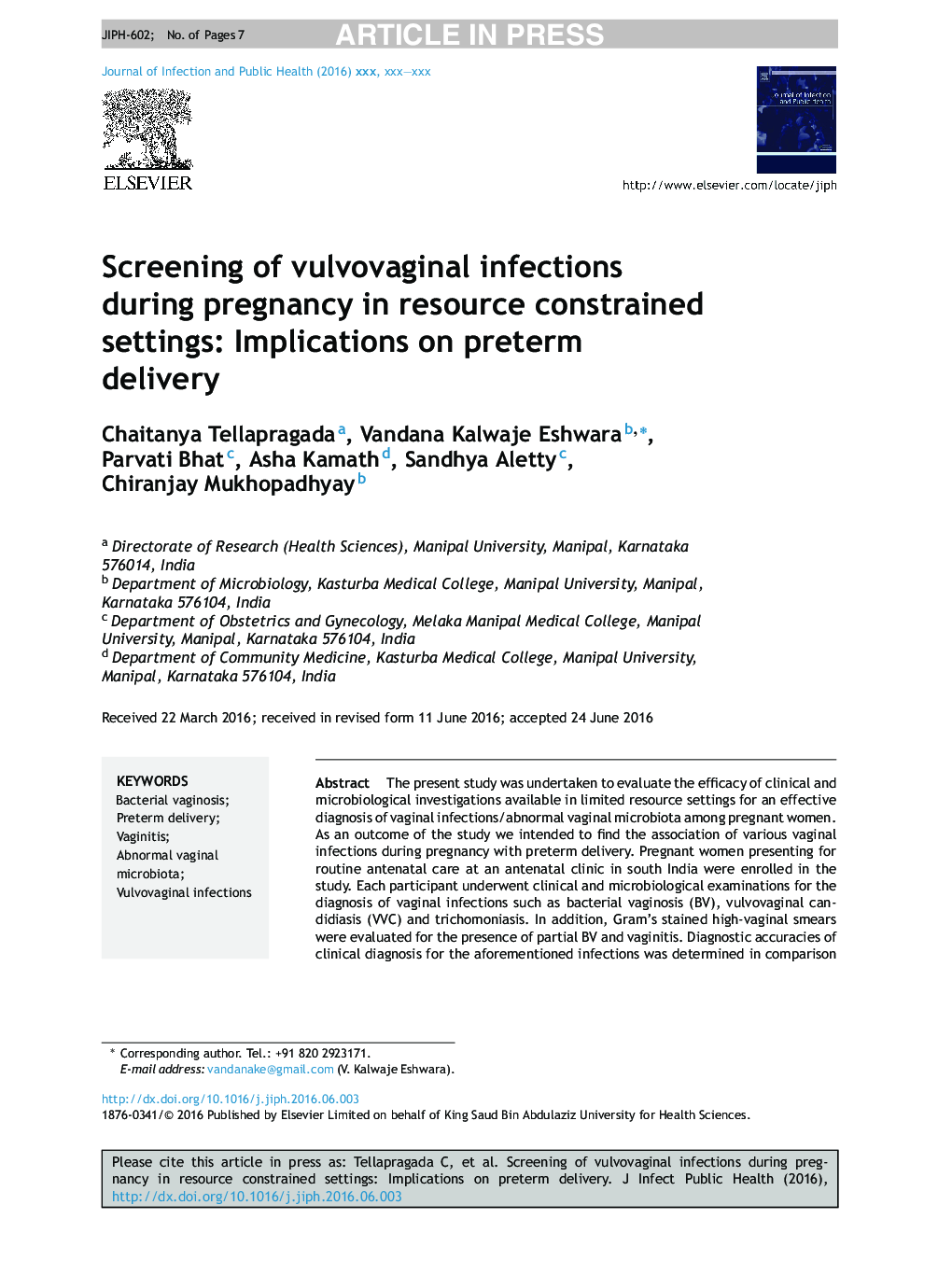 Screening of vulvovaginal infections during pregnancy in resource constrained settings: Implications on preterm delivery