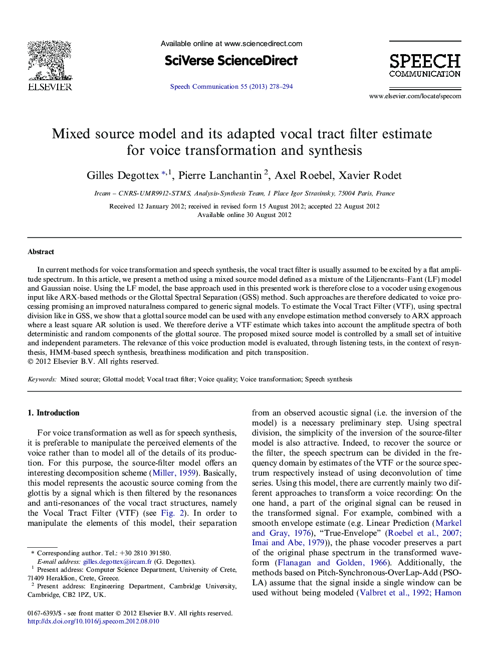 Mixed source model and its adapted vocal tract filter estimate for voice transformation and synthesis