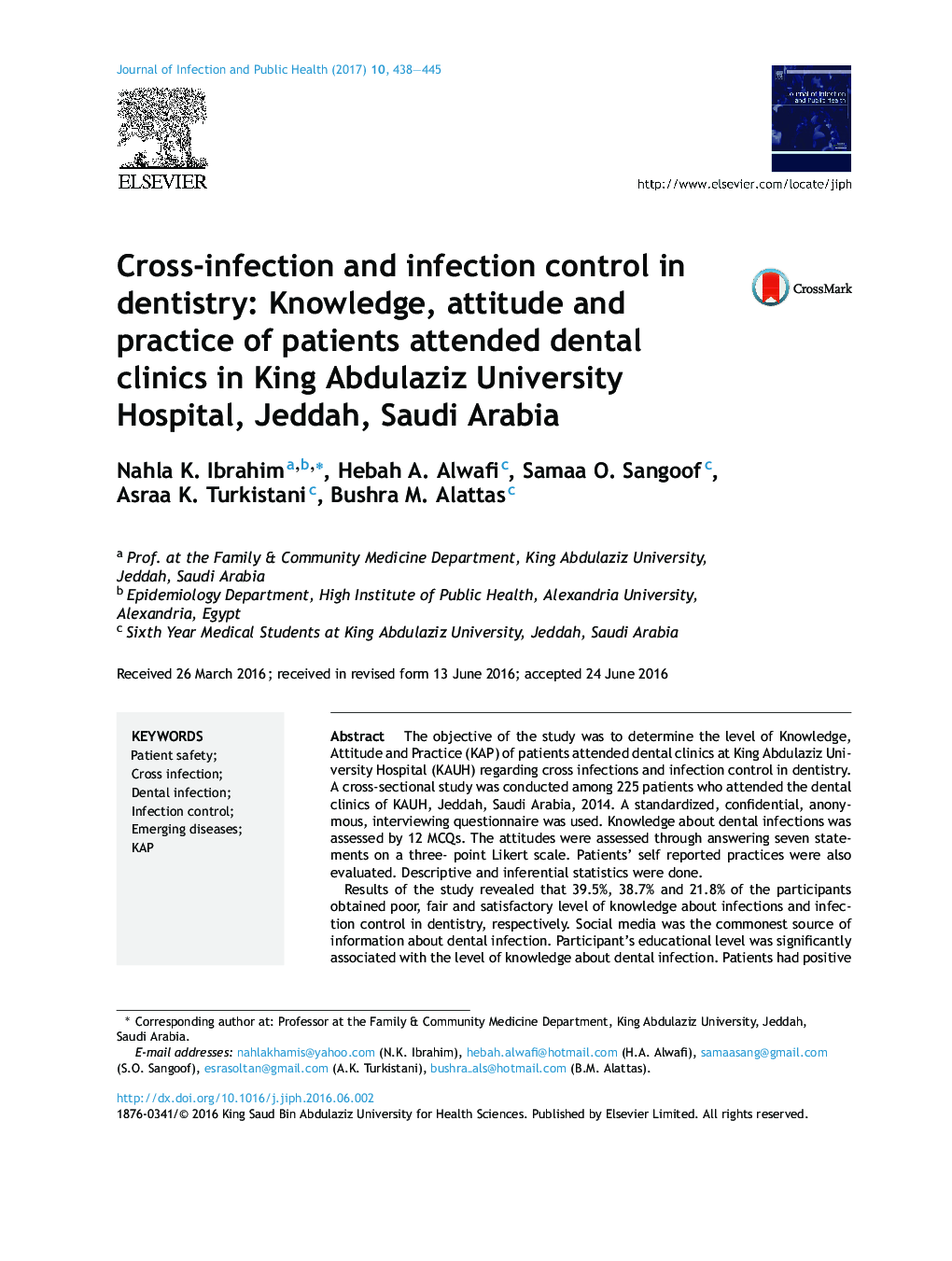 Cross-infection and infection control in dentistry: Knowledge, attitude and practice of patients attended dental clinics in King Abdulaziz University Hospital, Jeddah, Saudi Arabia