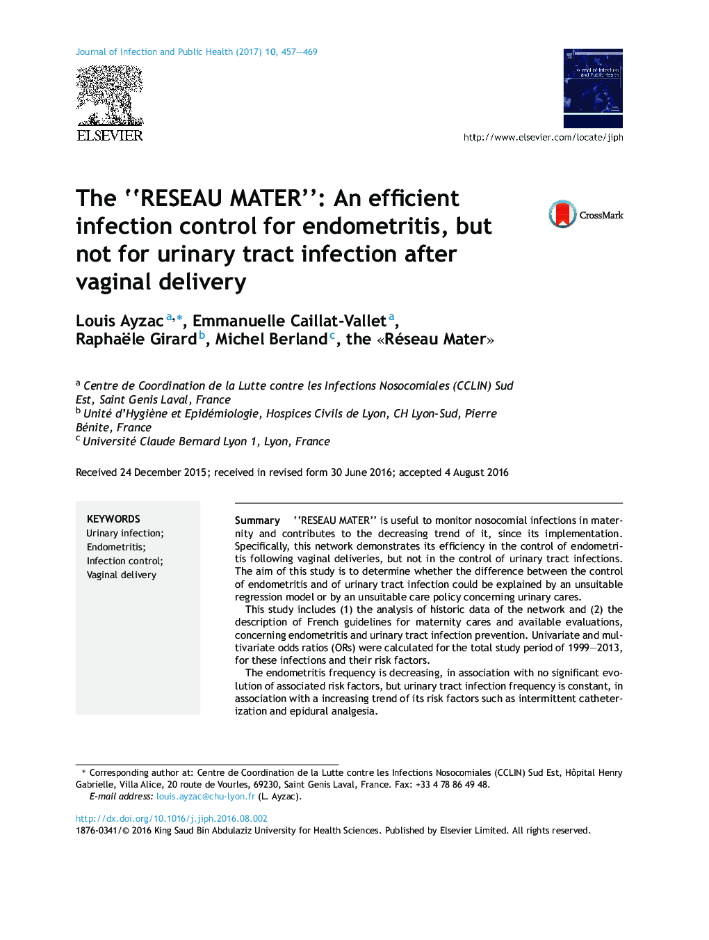 The “RESEAU MATER”: An efficient infection control for endometritis, but not for urinary tract infection after vaginal delivery