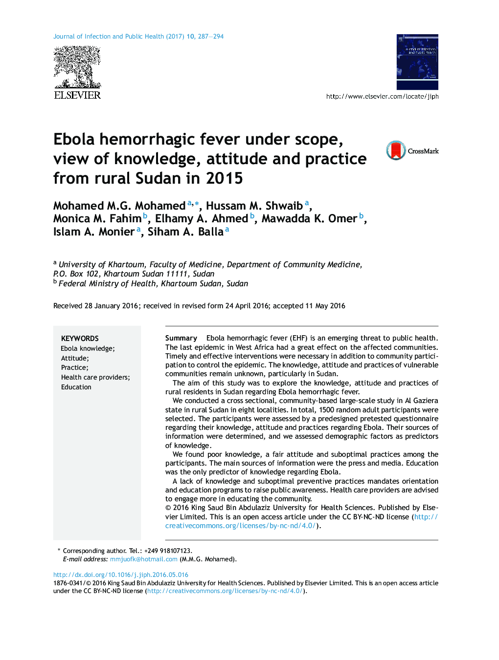 Ebola hemorrhagic fever under scope, view of knowledge, attitude and practice from rural Sudan in 2015