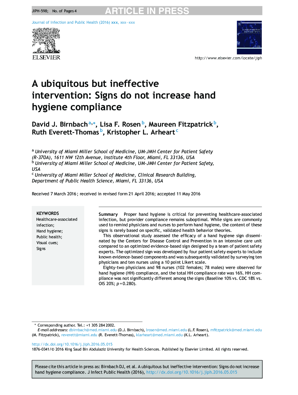 A ubiquitous but ineffective intervention: Signs do not increase hand hygiene compliance