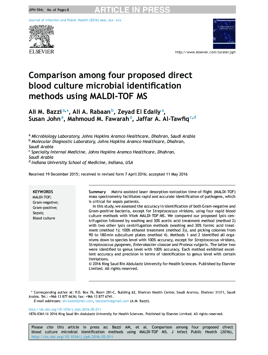 Comparison among four proposed direct blood culture microbial identification methods using MALDI-TOF MS