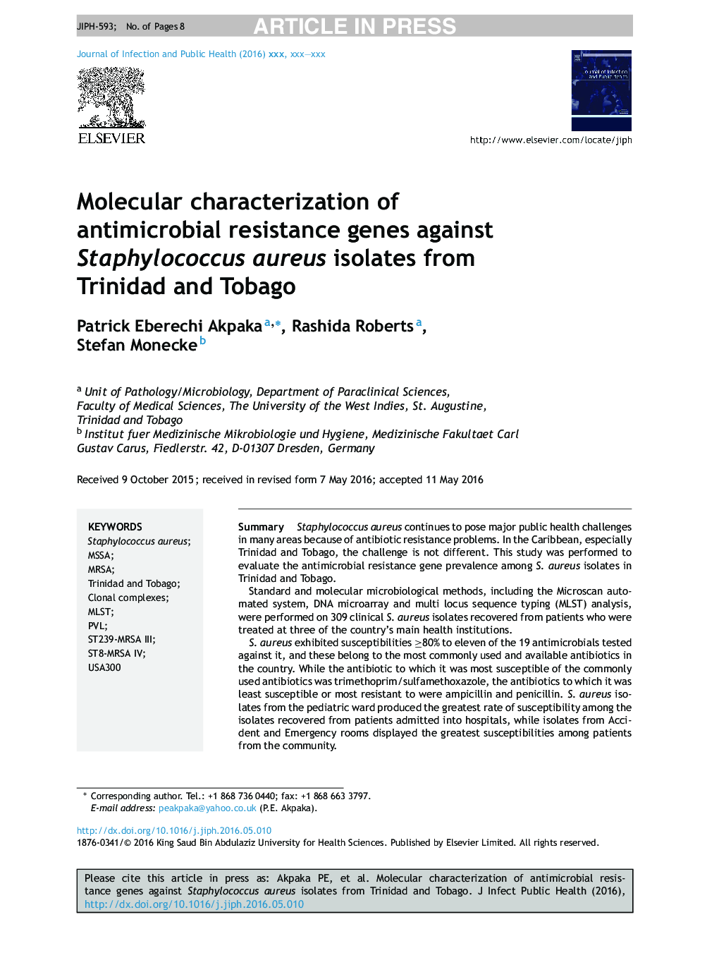 Molecular characterization of antimicrobial resistance genes against Staphylococcus aureus isolates from Trinidad and Tobago