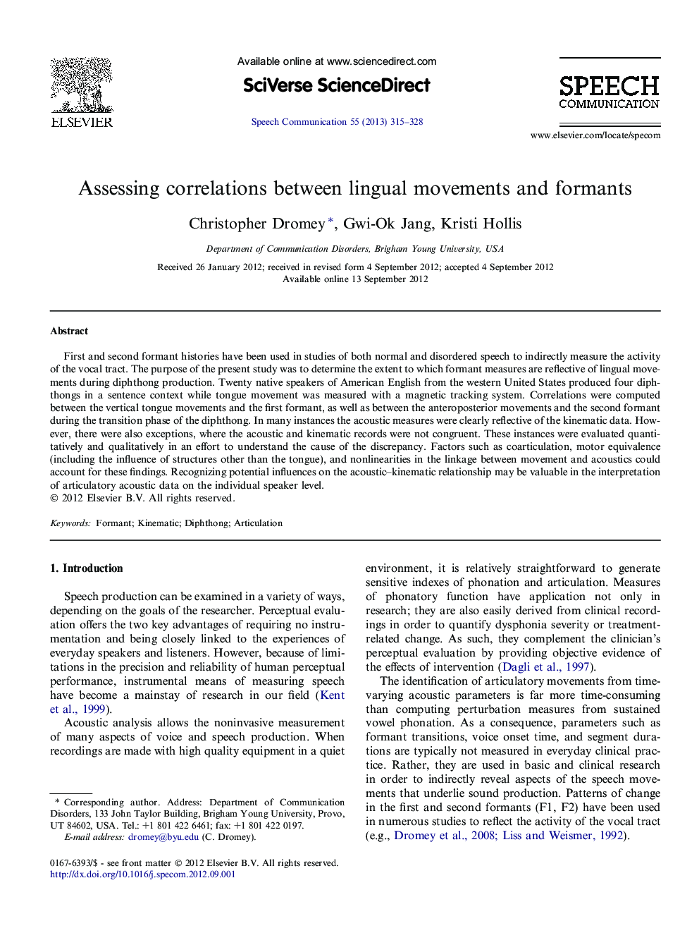 Assessing correlations between lingual movements and formants