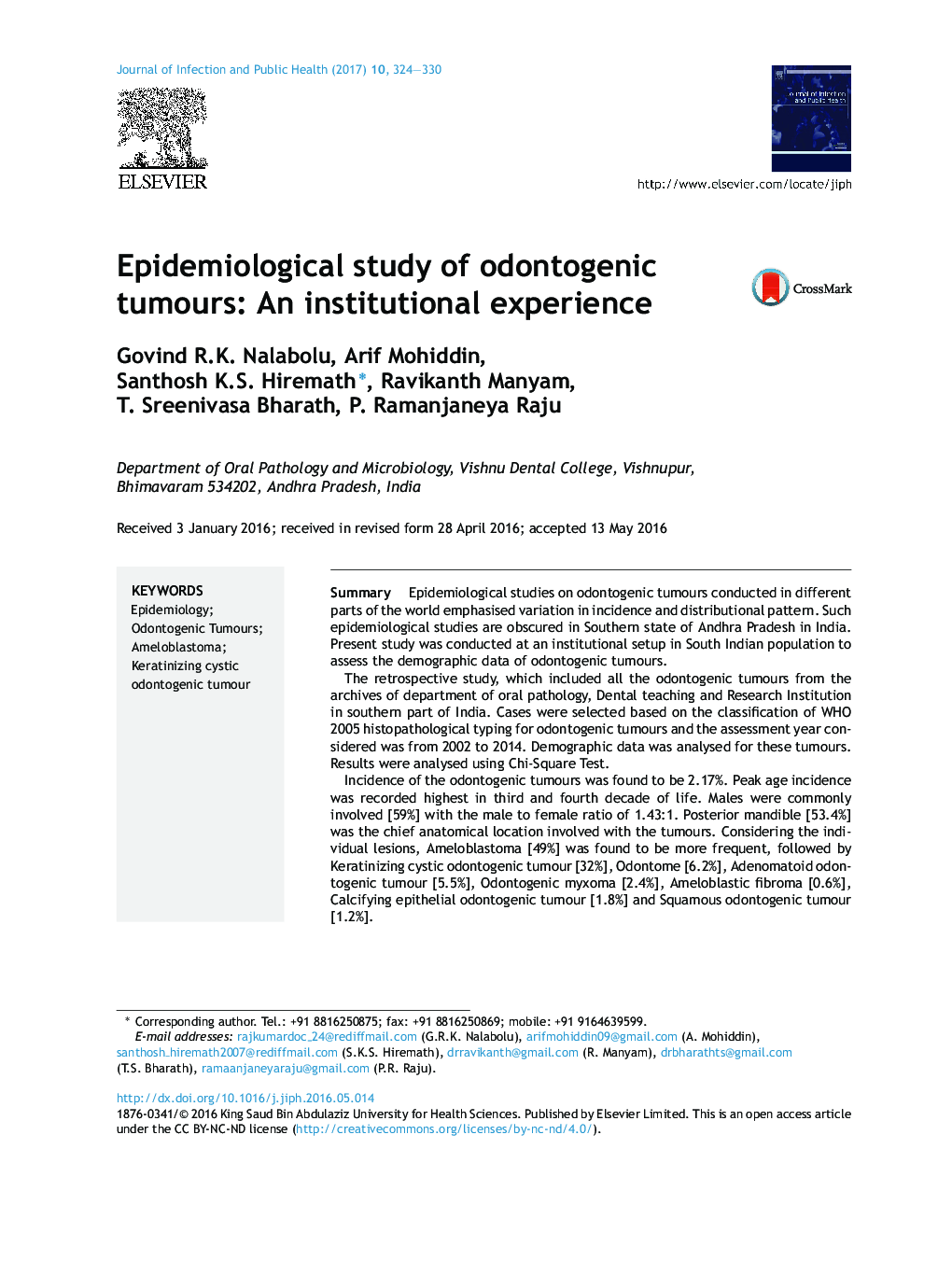 Epidemiological study of odontogenic tumours: An institutional experience